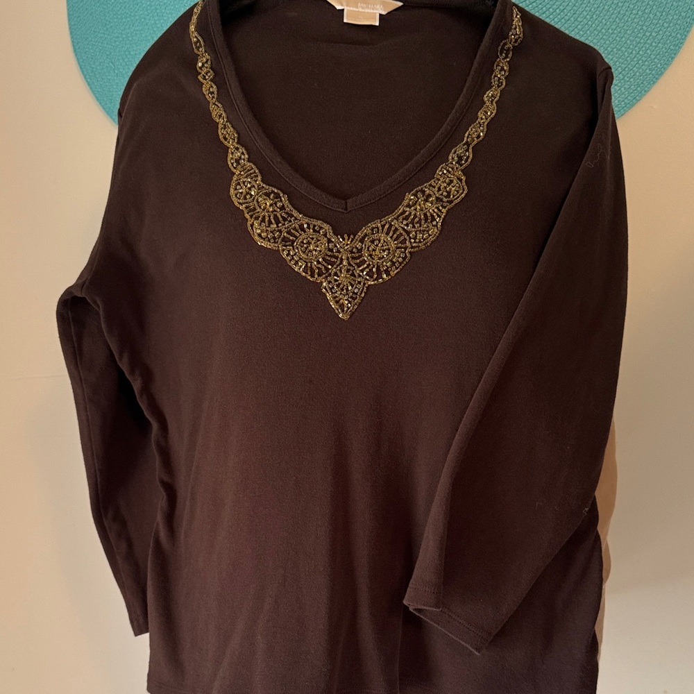 Michael Kors Chocolate Brown Top with Gold Beaded Neckline
